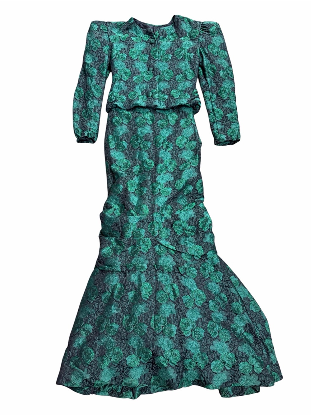 ARNOLD SCAASI 1980s Dark Green Floral Brocade Gown with Jacket